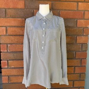 J. Crew Collection Silk Blouse Half Placket Striped Long Sleeve | Gray |‎ Size 8